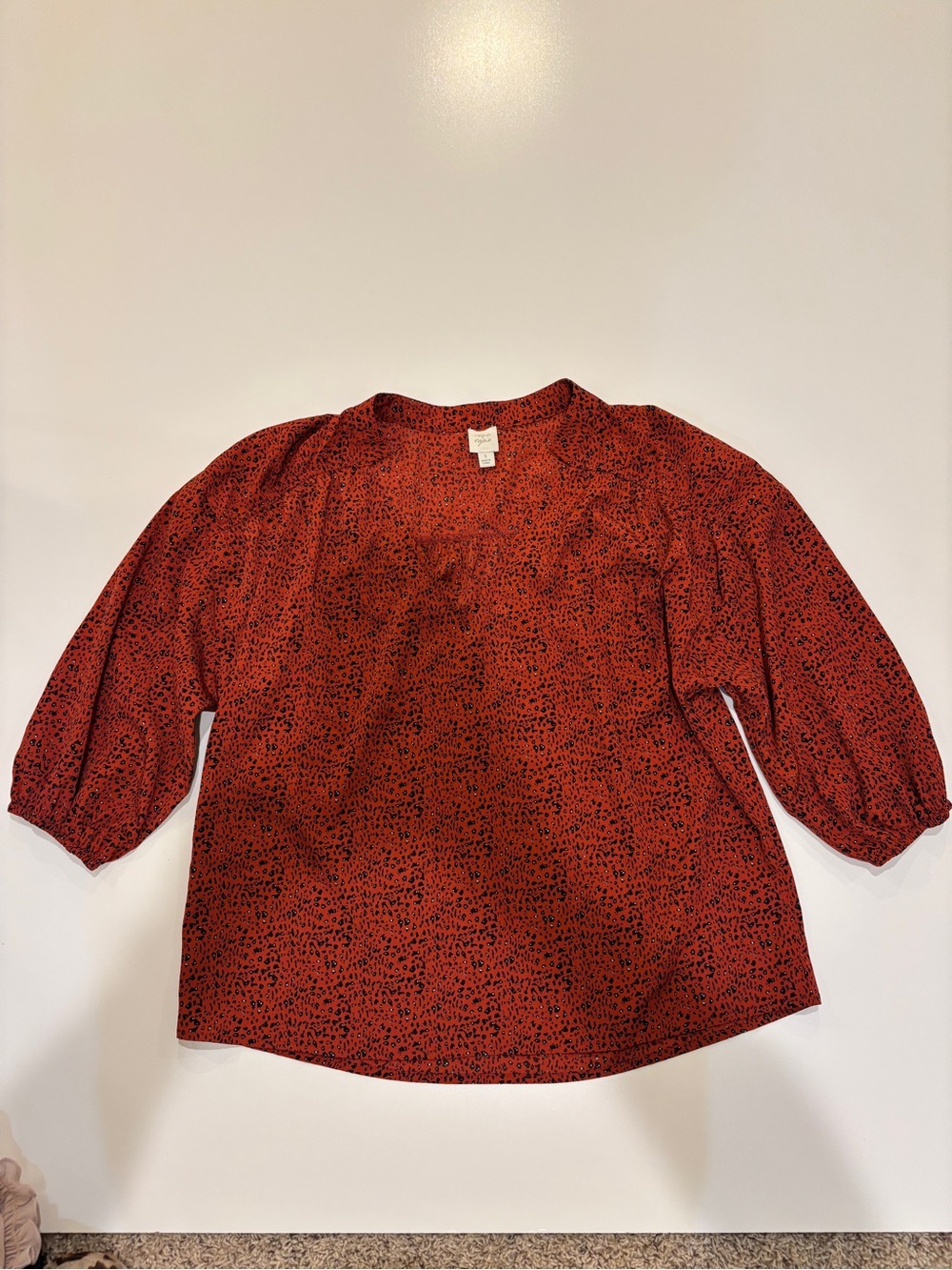 Womens‎ Sz S Rust color & black leopard career Printed Puff-Sleeve Blouse EUC